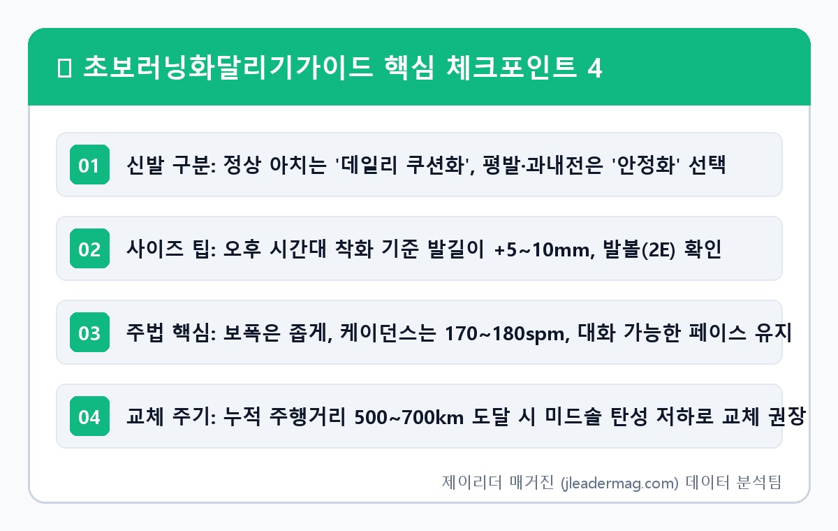 초보 러너를 위한 러닝화 추천 기준 및 5km·10km 무릎 부상 방지 달리기 가이드 핵심 요약 인포그래픽